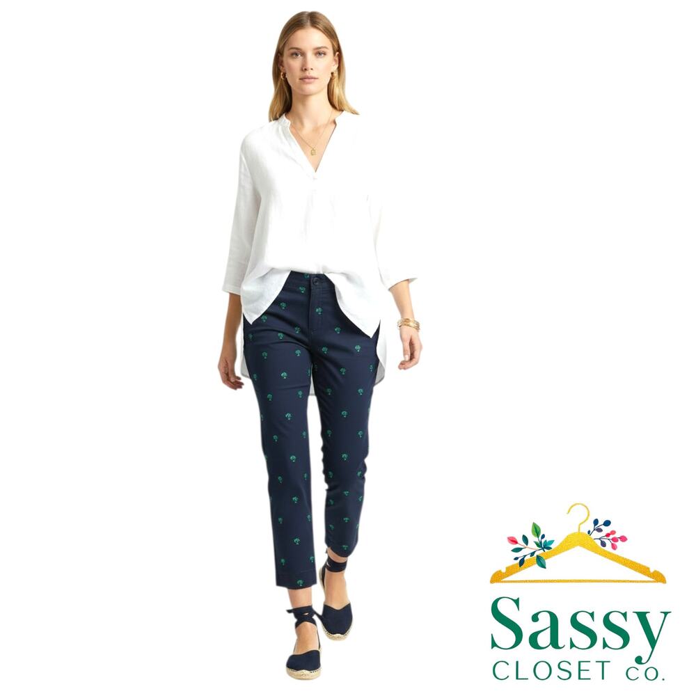 TALBOTS Woman Navy Palm Tree Embroidered Pants 20W Heritage Stretch Chino EUC